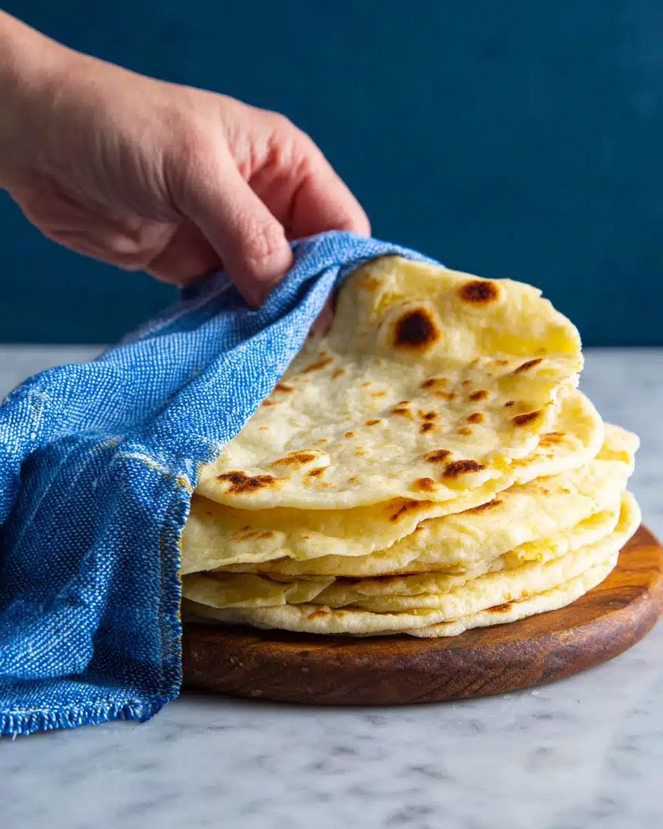 Stack of soft flour tortillas wrapped in a blue cloth.