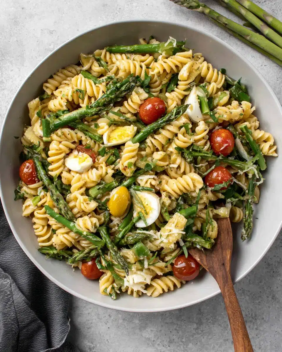 Spring pasta salad with honey mustard dressing, fresh vegetables, and cheese.
