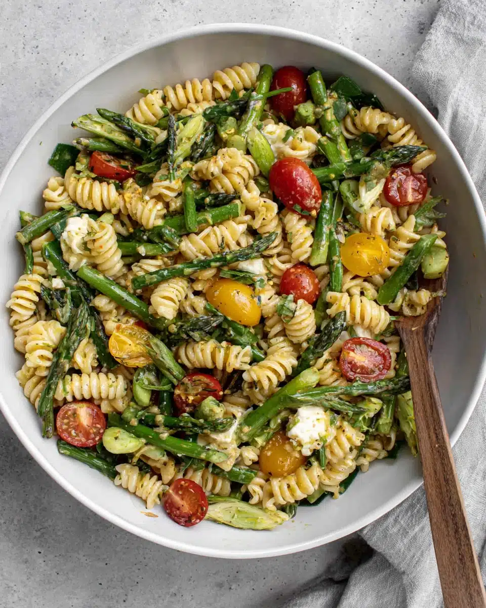 Spring pasta salad with honey mustard dressing and fresh veggies.