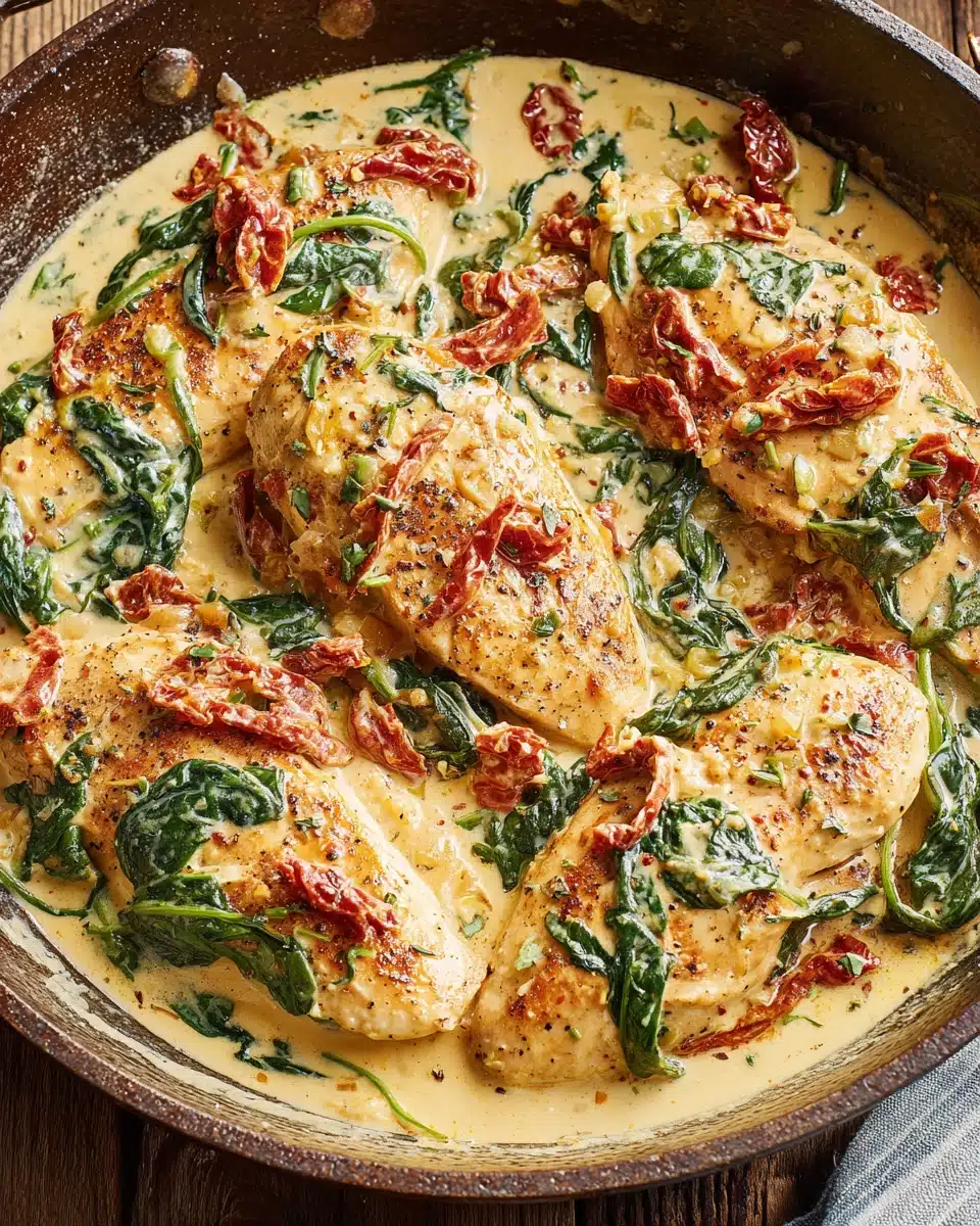 Tuscan chicken dish with creamy sauce, chicken breasts, spinach, and tomatoes