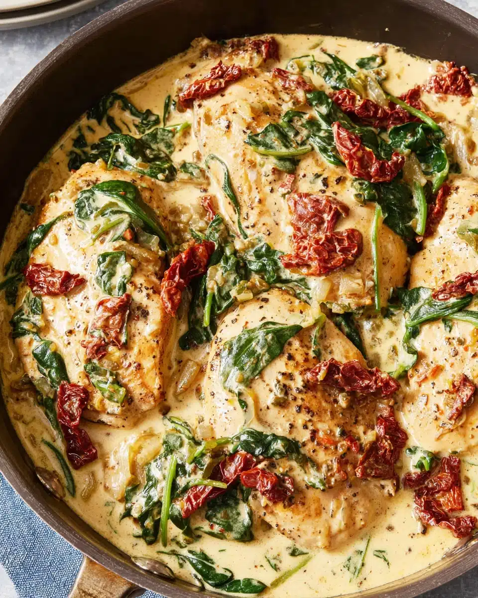Creamy Tuscan chicken with spinach and sun-dried tomatoes.