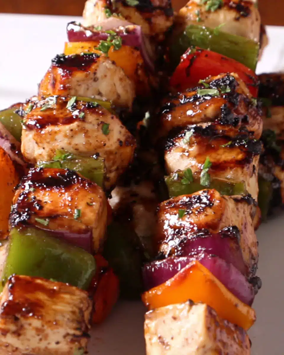 Yummy honey chicken kabobs with vibrant veggies on skewers