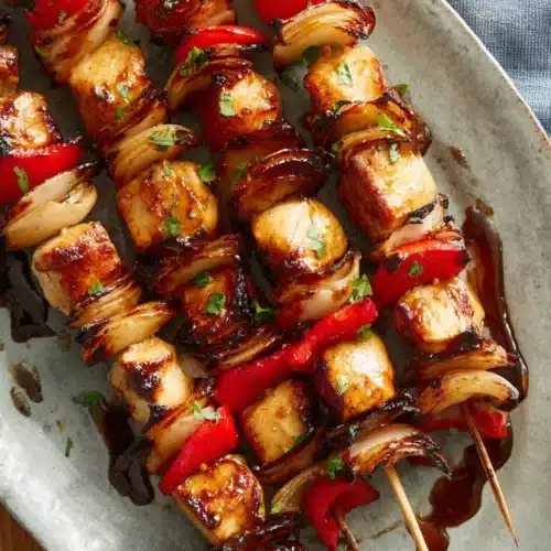 Yummy honey chicken kabobs with bell peppers and onions.