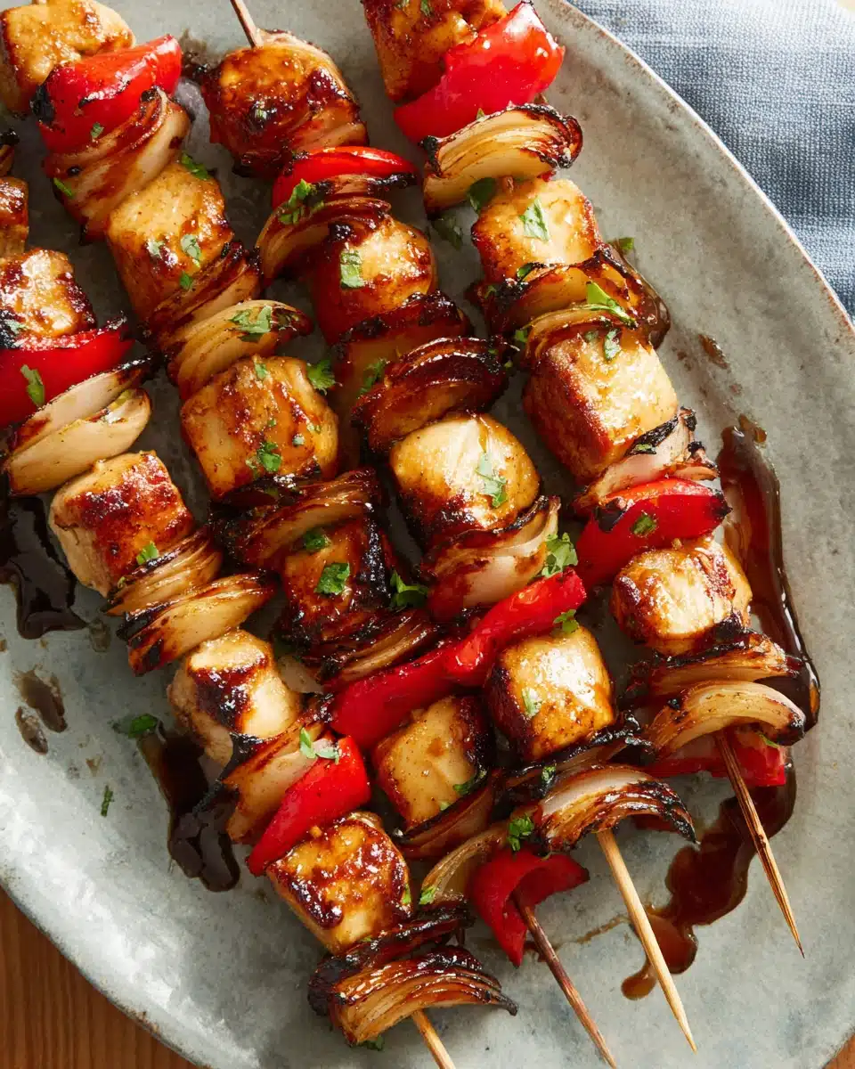Yummy honey chicken kabobs with bell peppers and onions.