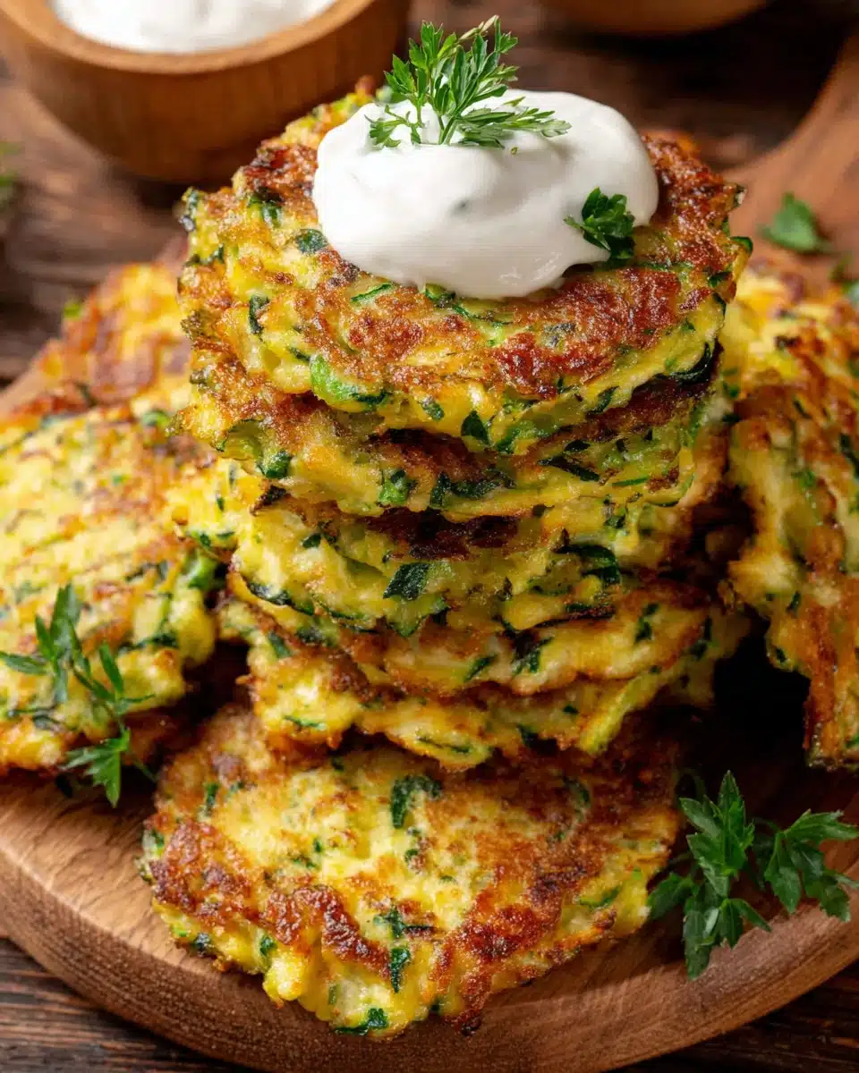 Crispy zucchini fritters with cheddar, served with sour cream.