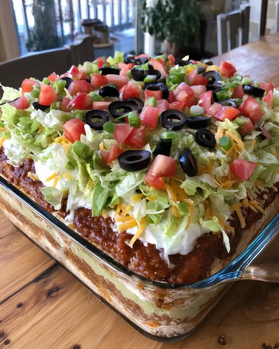 Delicious 7 layer dip perfect for gatherings.