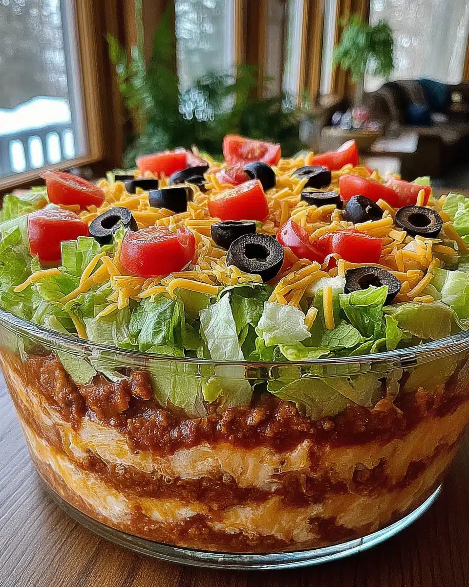 Delicious 7 layer dip for gatherings and parties.