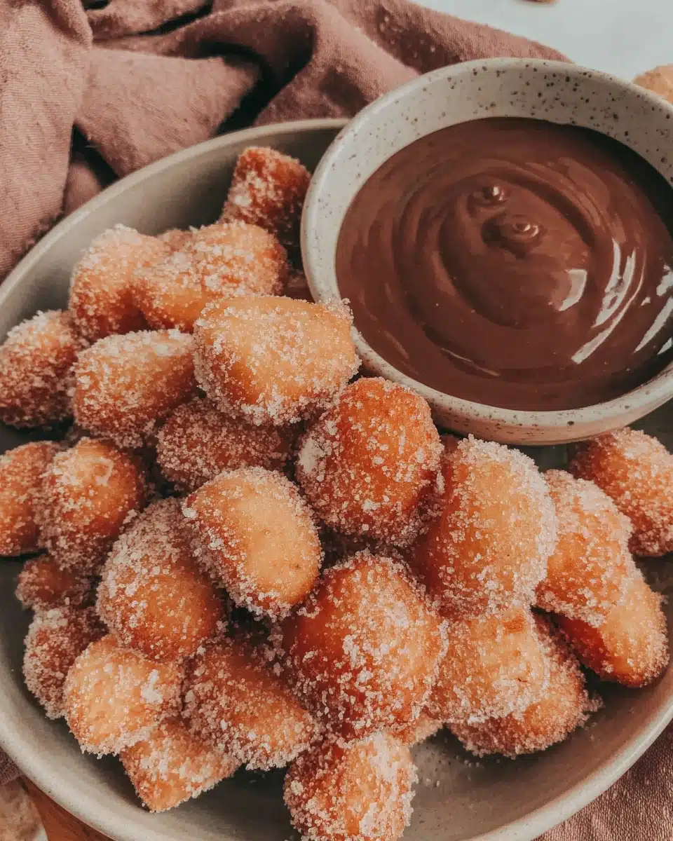 Delicious air fryer churro bites served with chocolate sauce.
