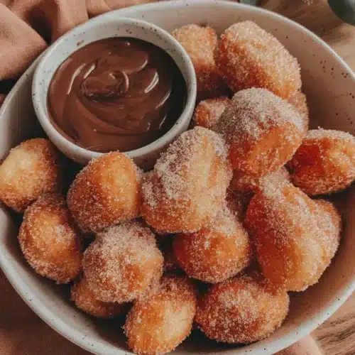 Air fryer churro bites served with chocolate dipping sauce.