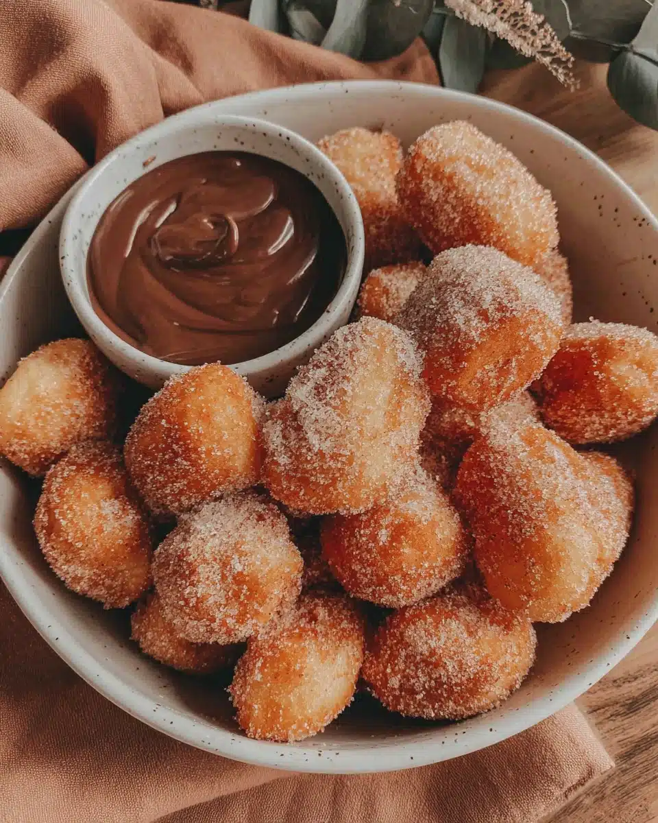 Air fryer churro bites served with chocolate dipping sauce.