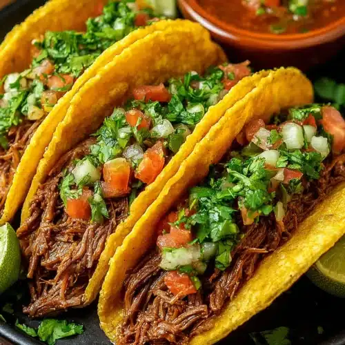 Beef birria tacos with cilantro and pico de gallo, savory treat