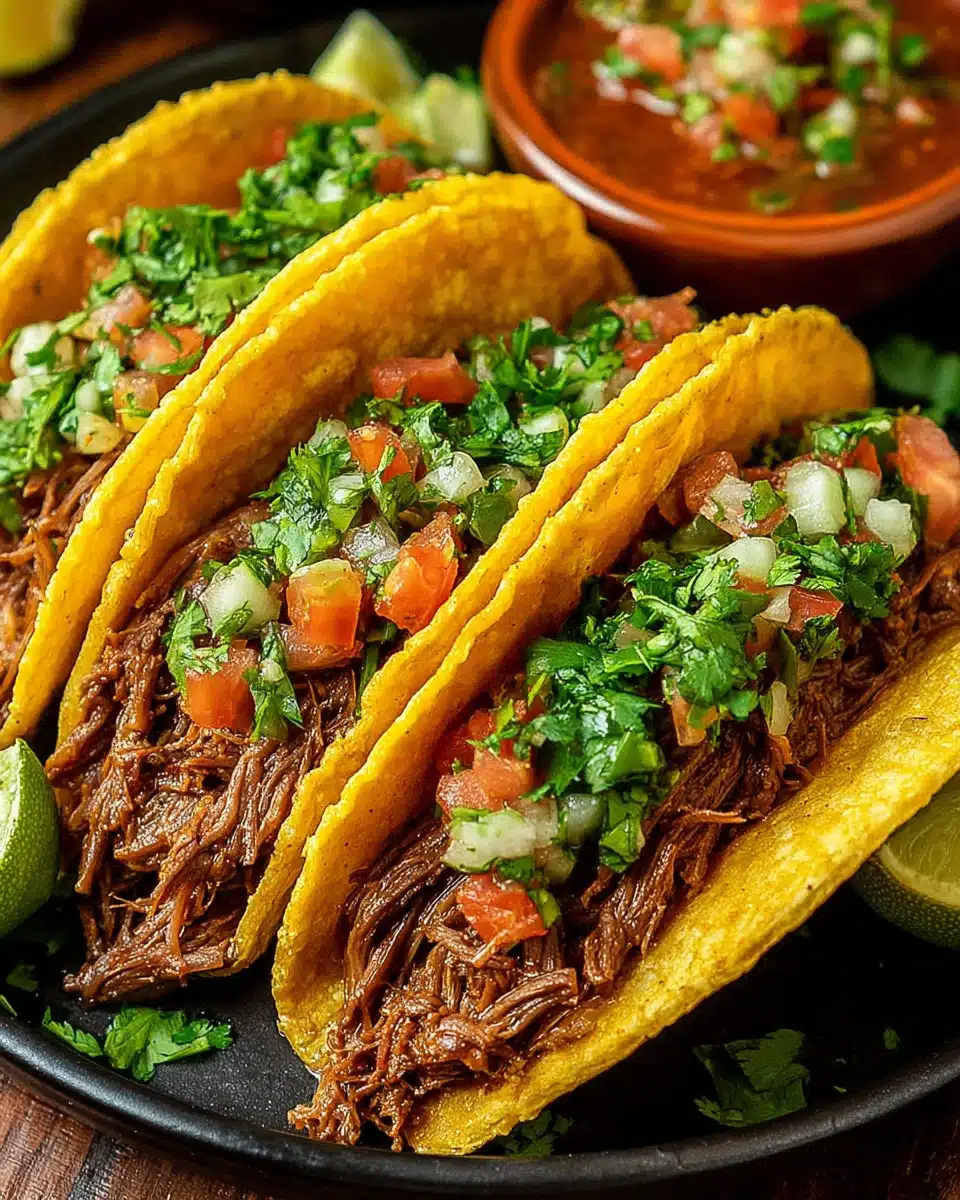 Beef birria tacos with cilantro and pico de gallo, savory treat