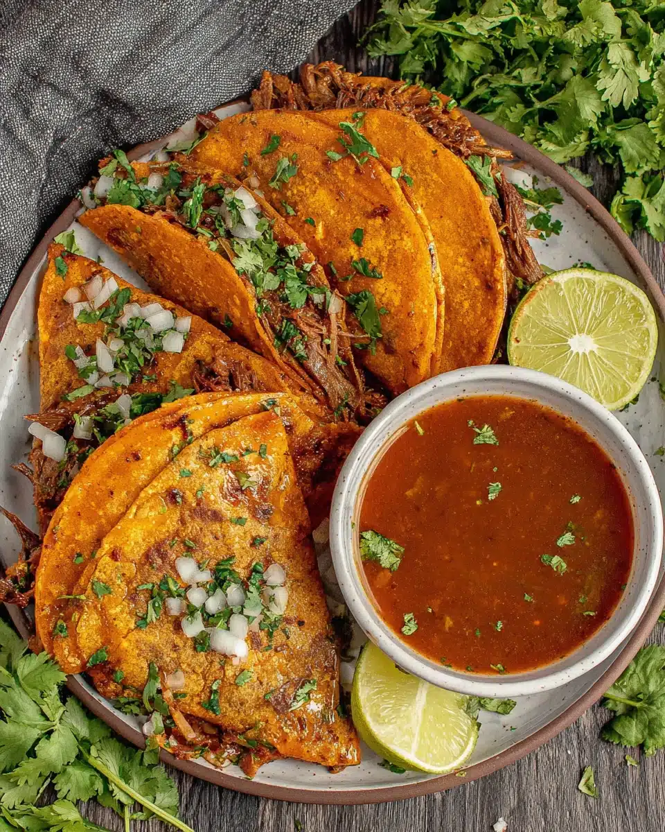 Delicious birria consome sauce with tacos for a weeknight dinner