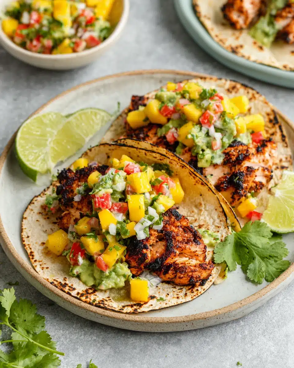 Delicious blackened chicken tacos with mango salsa.
