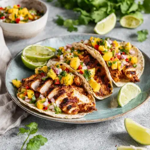 Savory blackened chicken tacos with fresh mango salsa.
