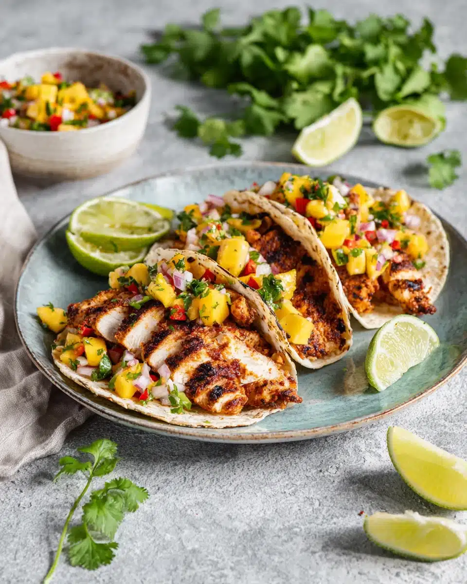 Savory blackened chicken tacos with fresh mango salsa.
