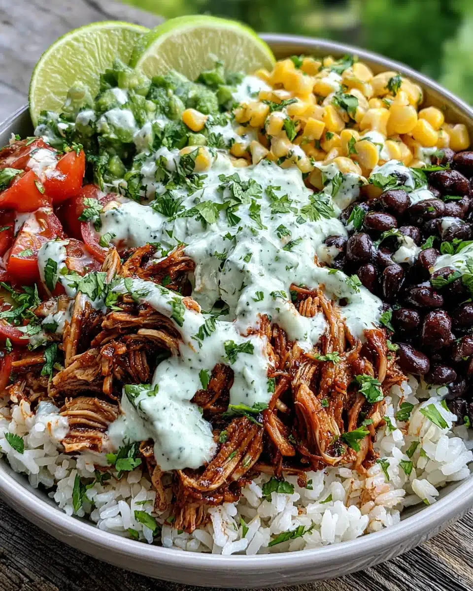 Savory carnitas burrito bowl with rice, beans, corn, and lime crema.