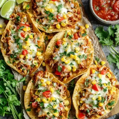 Quick chicken taco recipe with shredded chicken, corn, and beans.