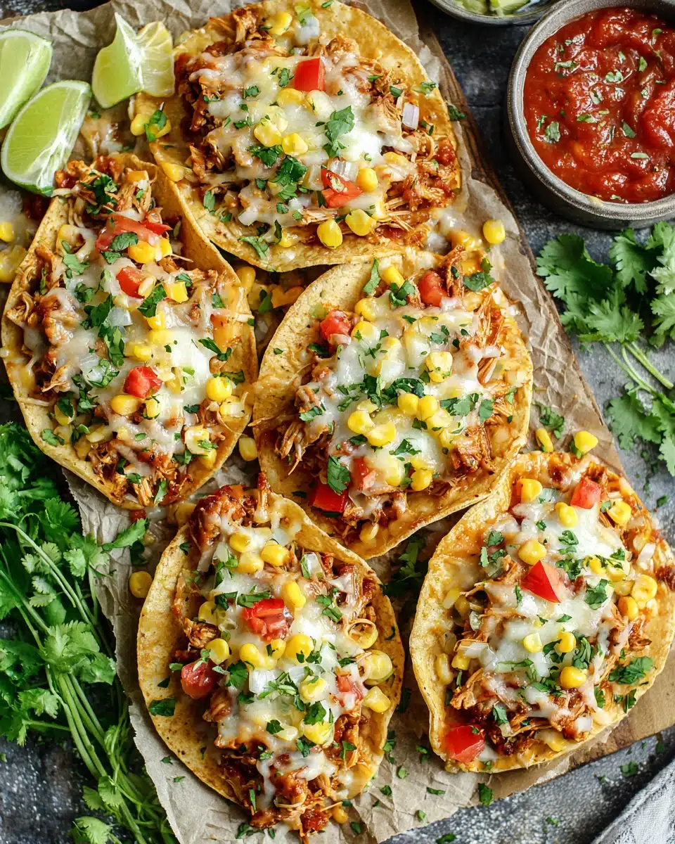 Quick chicken taco recipe with shredded chicken, corn, and beans.