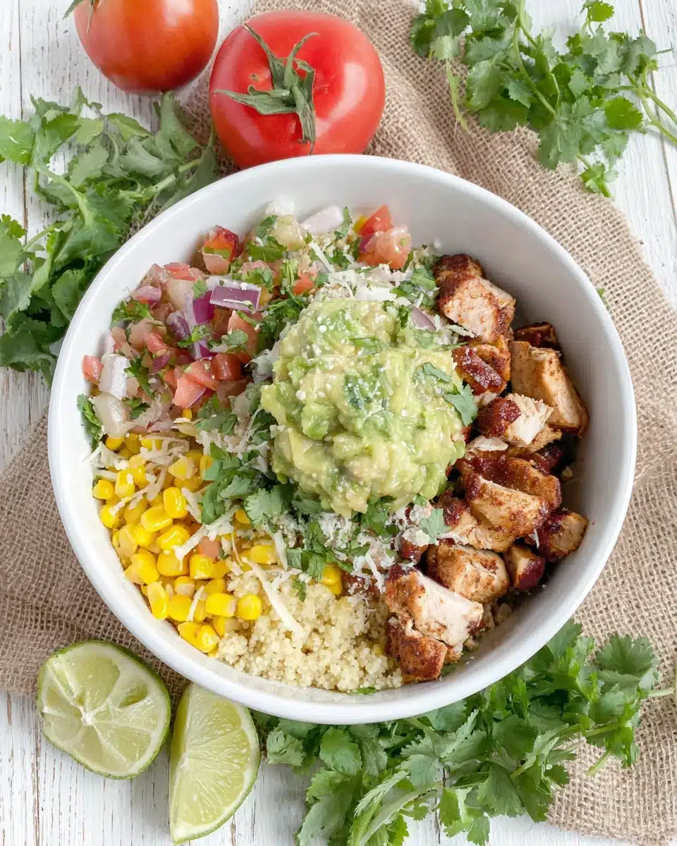 Chipotle chicken bowl with vibrant fresh toppings and cilantro lime rice.