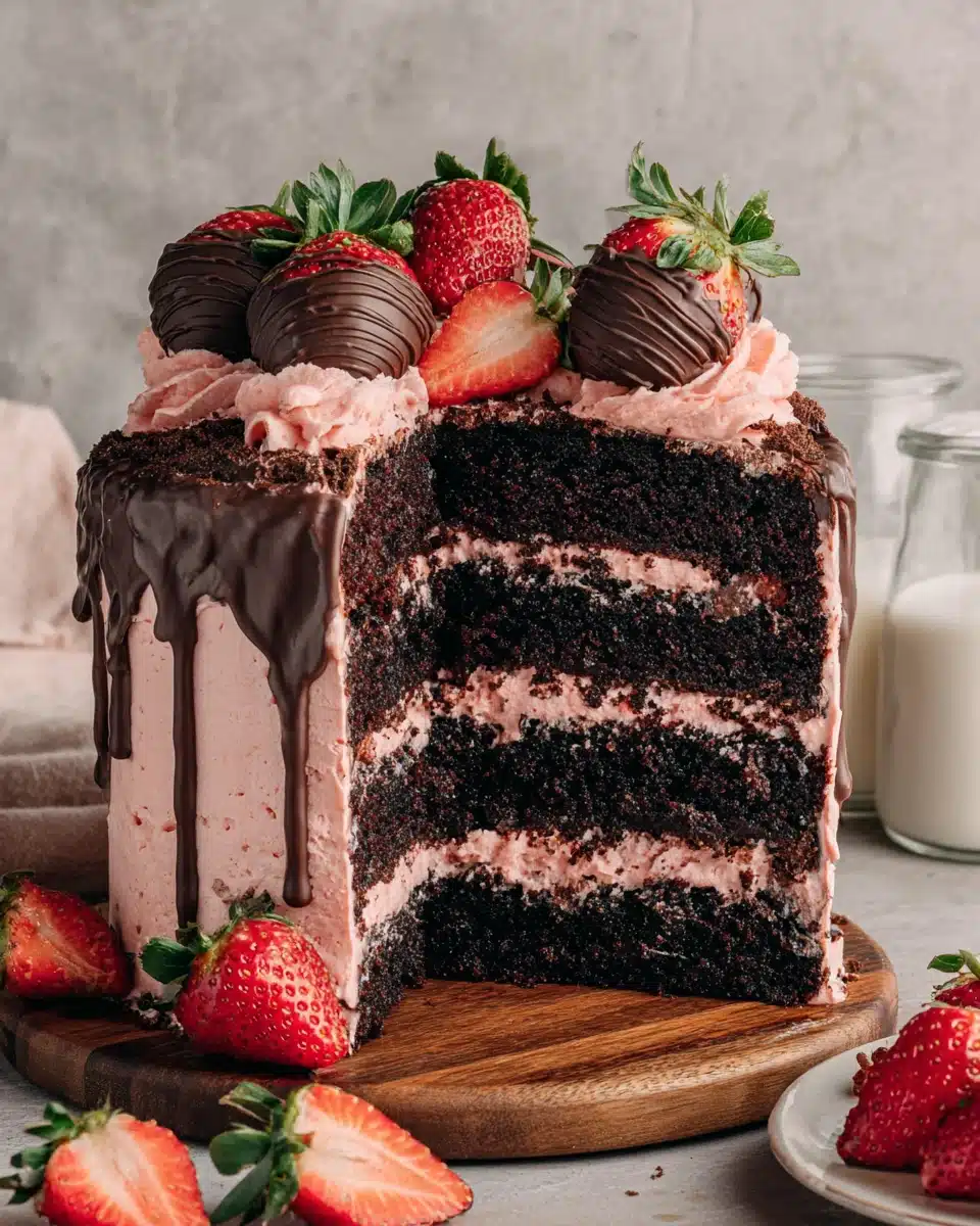 Chocolate covered strawberry cake with pink frosting and chocolate drip