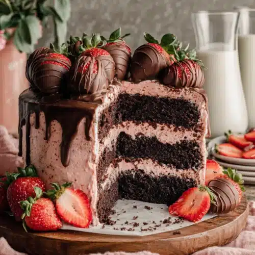 Chocolate covered strawberry cake with moist brownie layers, pink frosting, chocolate drip, and fresh strawberries
