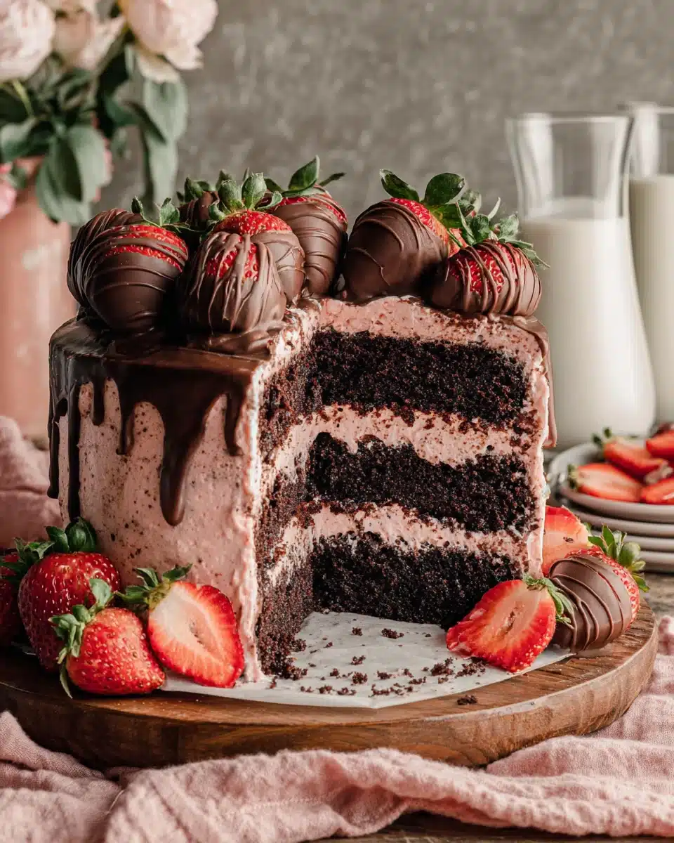 Chocolate covered strawberry cake with moist brownie layers, pink frosting, chocolate drip, and fresh strawberries