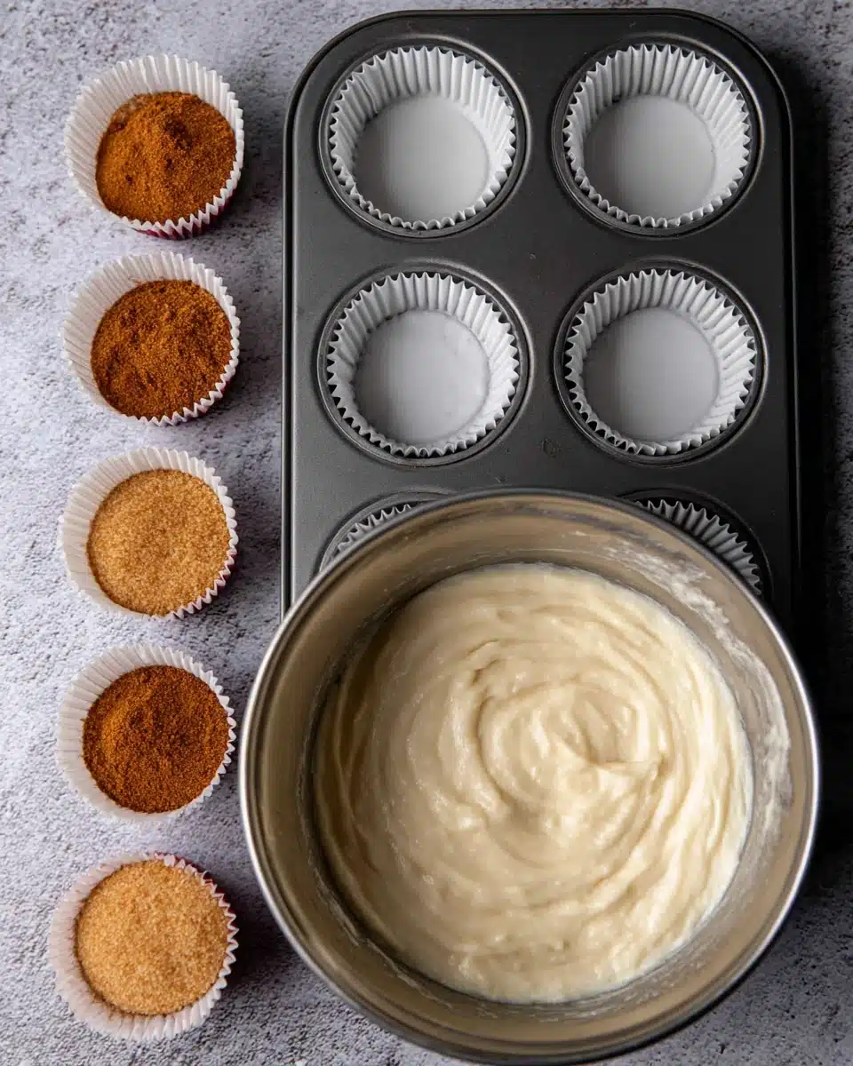 Churro cupcakes preparation with batter and cinnamon-sugar.