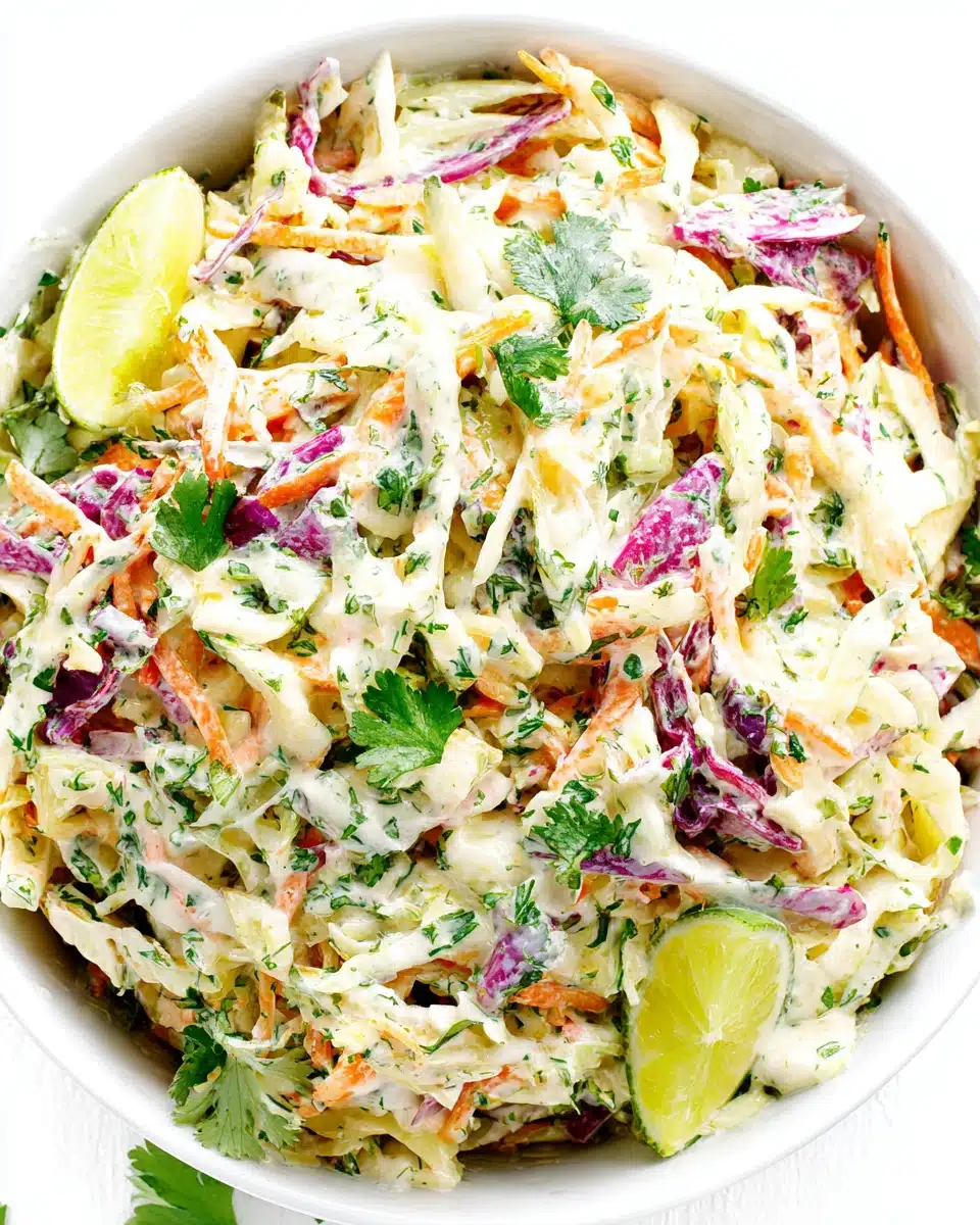 Cilantro lime slaw with colorful cabbage and a creamy dressing.