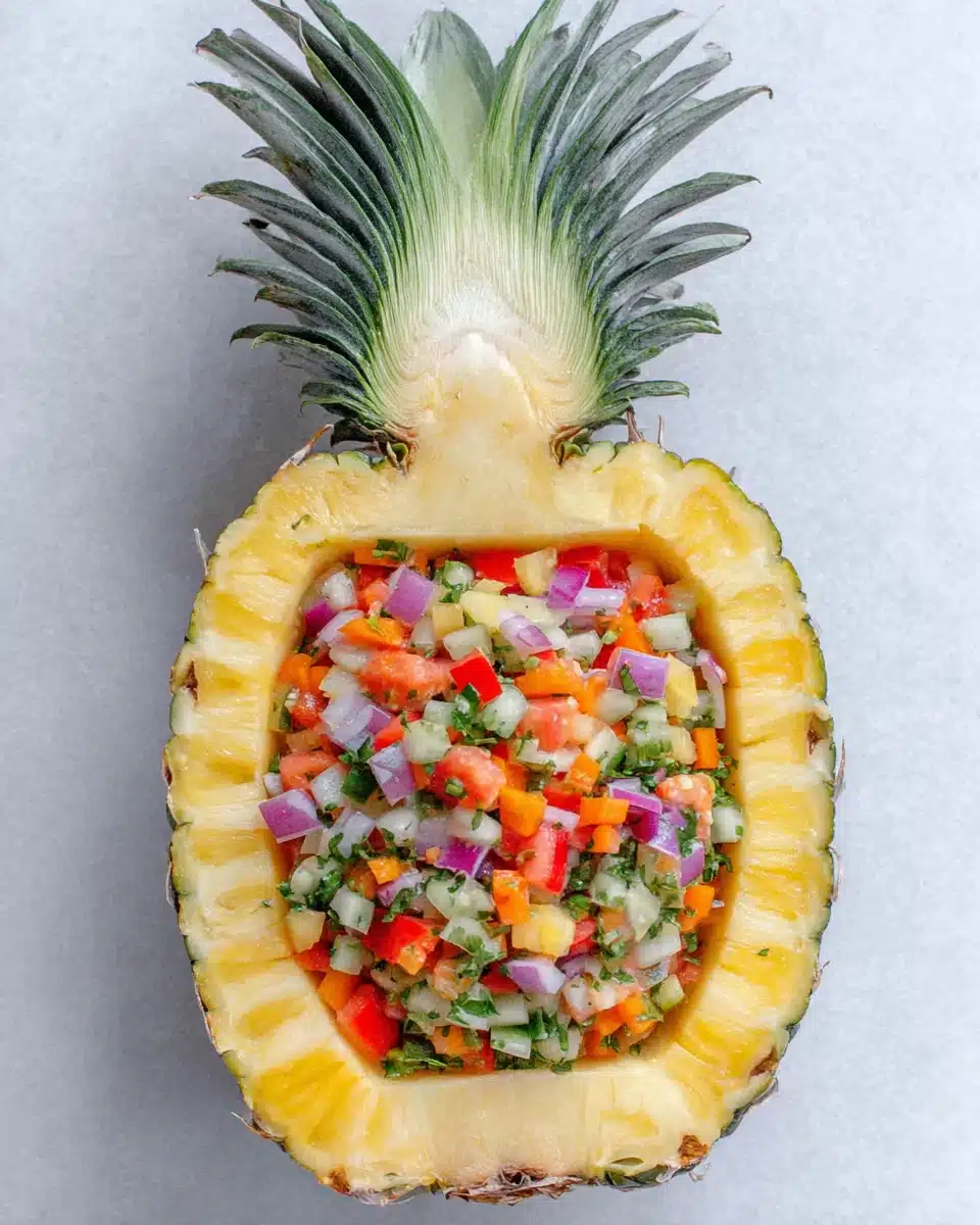 Pineapple salsa in a pineapple bowl for Cinco de Mayo parties.