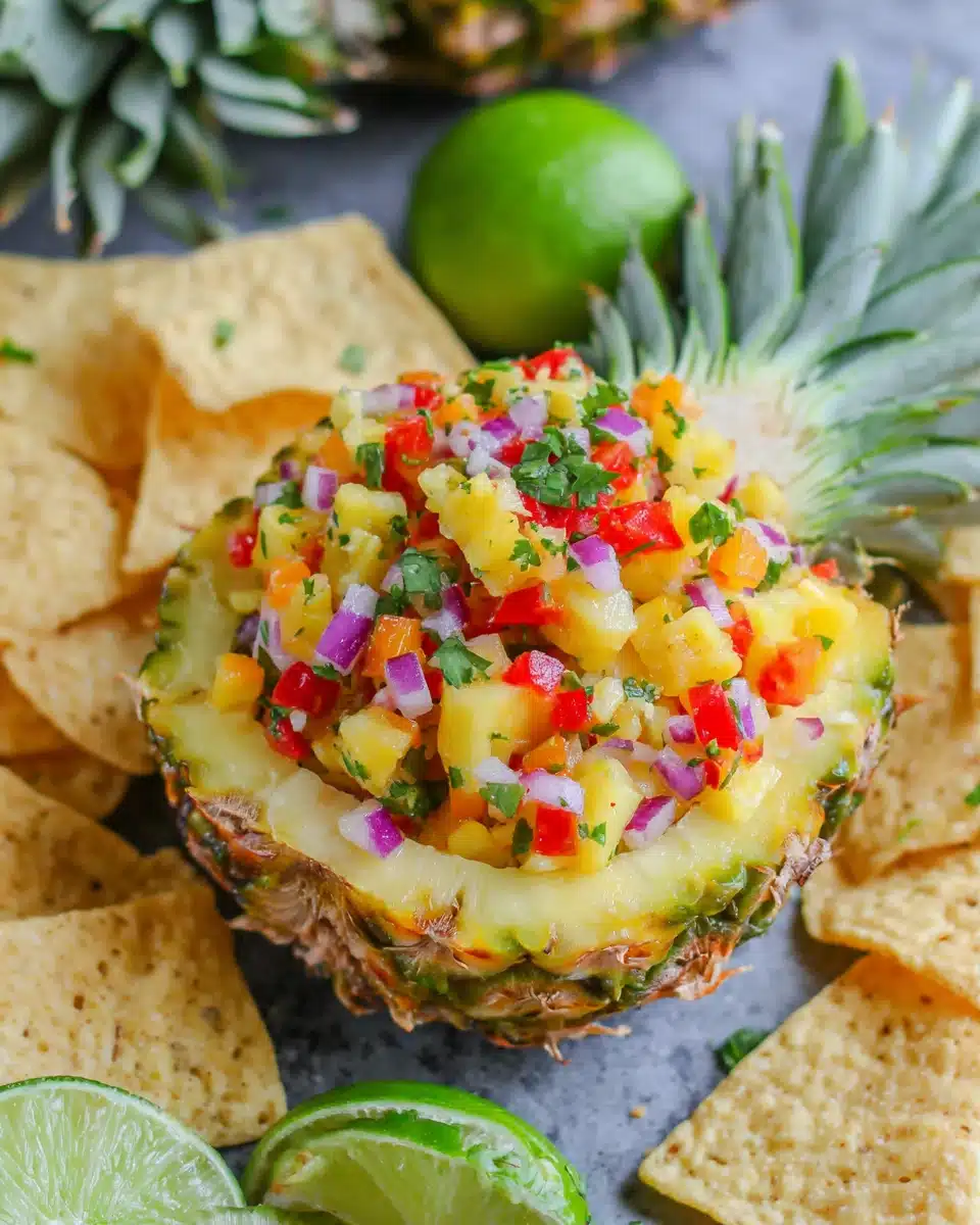 Pineapple salsa served in a pineapple bowl for Cinco de Mayo.