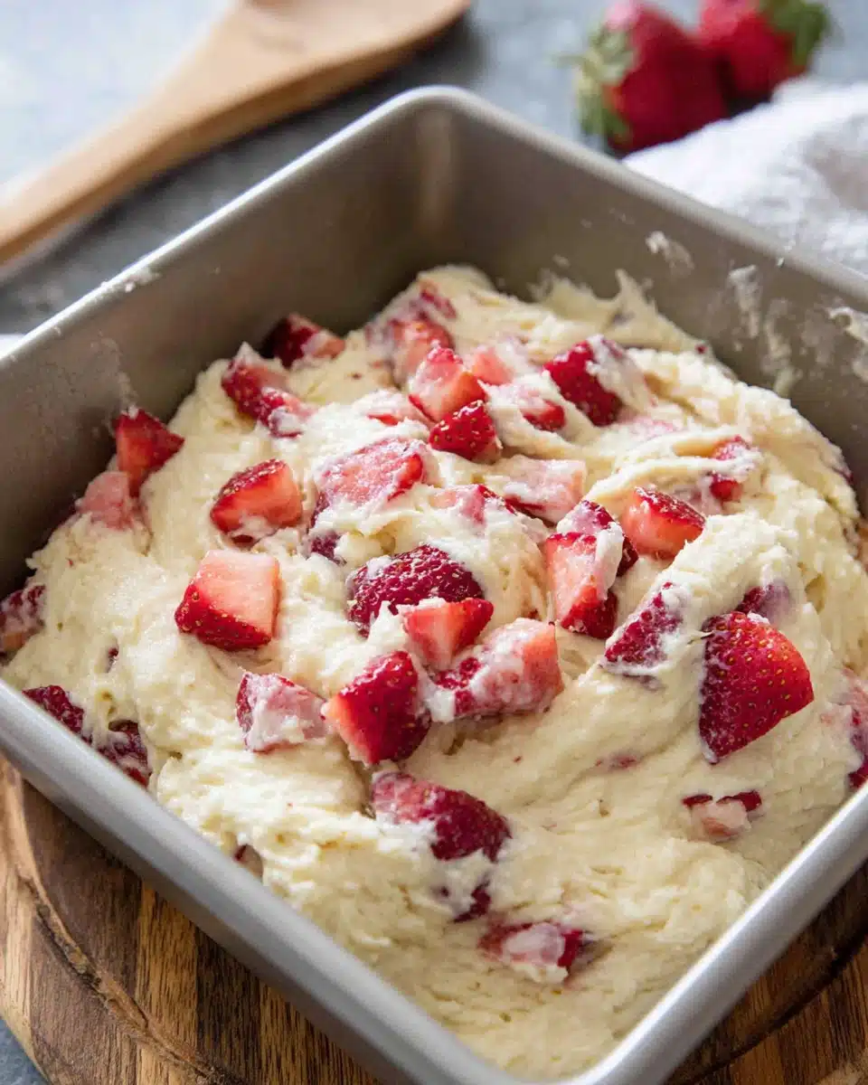 Classic lemon bars batter with strawberries ready for baking.