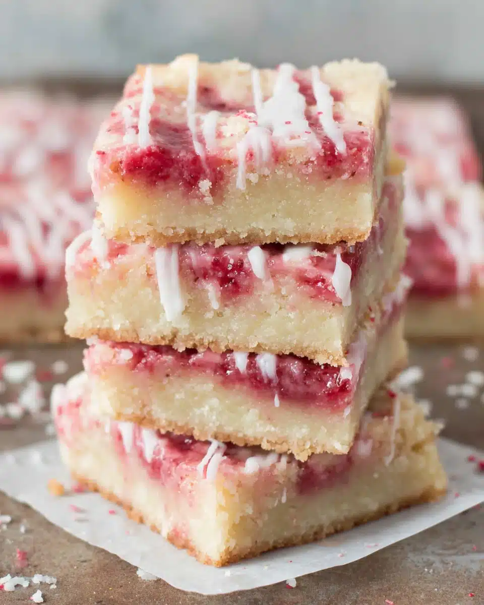 Delicious classic lemon bars topped with strawberry glaze.