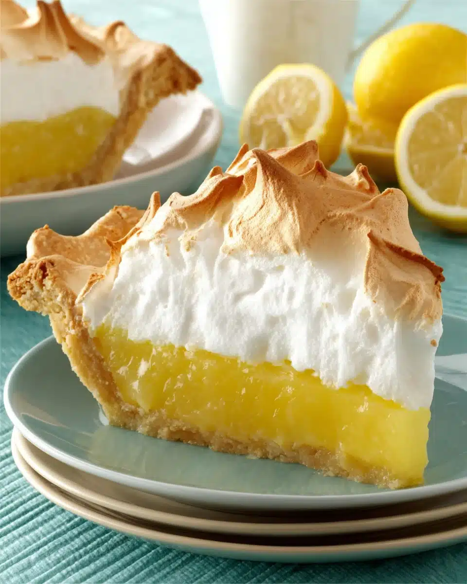 Classic Lemon Meringue Pie Delight Classic lemon meringue pie slice showcases buttery crust and tangy filling.