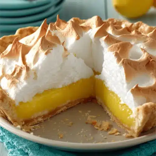 Classic Lemon Meringue Pie: A Delightful Treat 1 Delicious classic lemon meringue pie served in a glass dish.