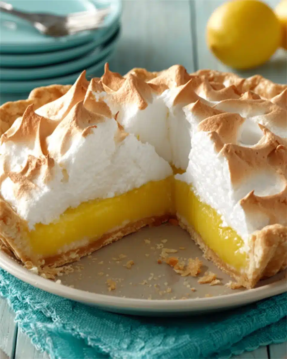 Delightful Classic Lemon Meringue Pie Delicious classic lemon meringue pie served in a glass dish.