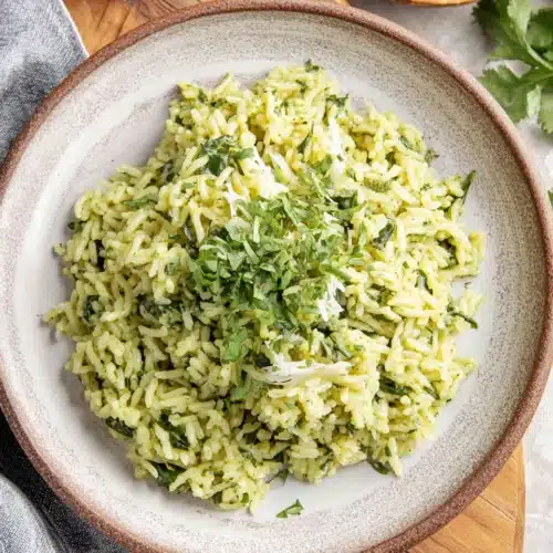 Creamy Mexican rice recipe with poblano peppers and cilantro
