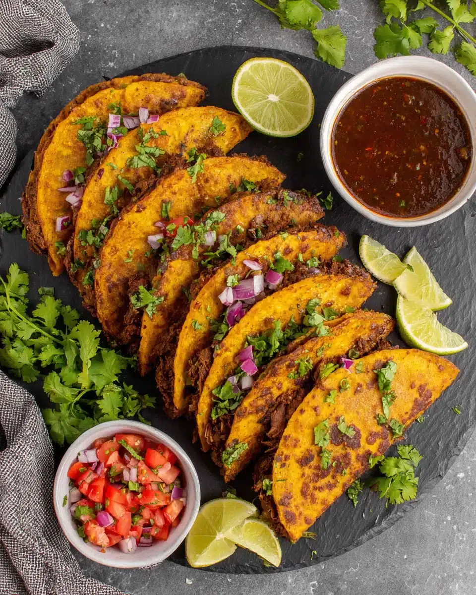 Delicious crock pot birria tacos garnished with fresh ingredients.