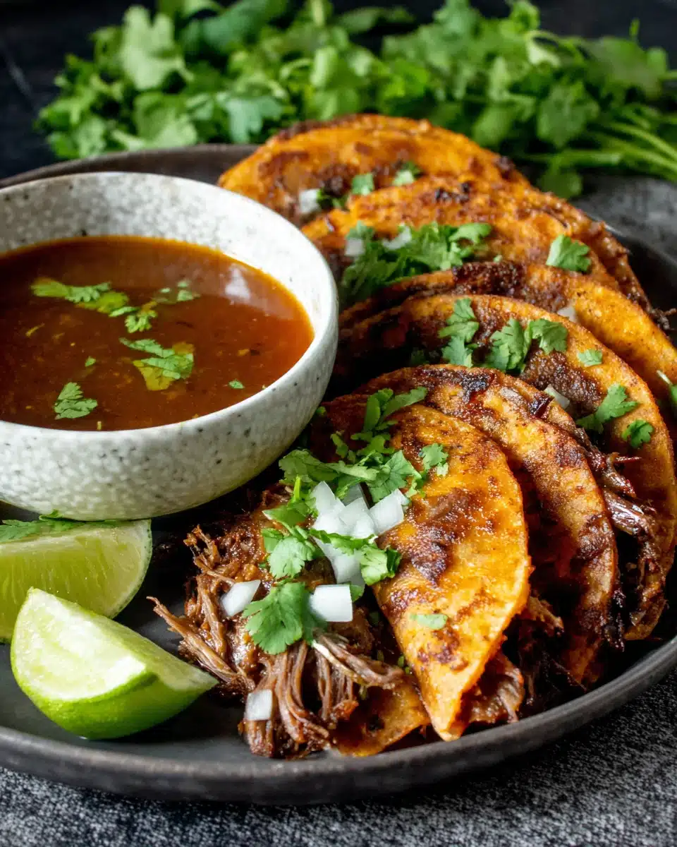 Savory Crockpot Birria Tacos Delicious crockpot birria tacos served with consomme.