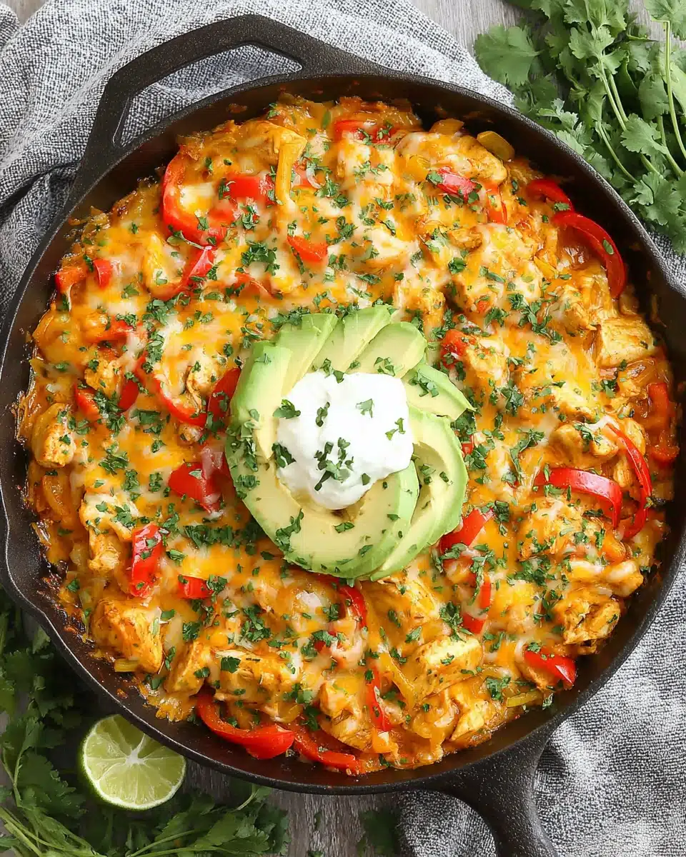 Easy chicken fajita casserole in a skillet with vibrant toppings.