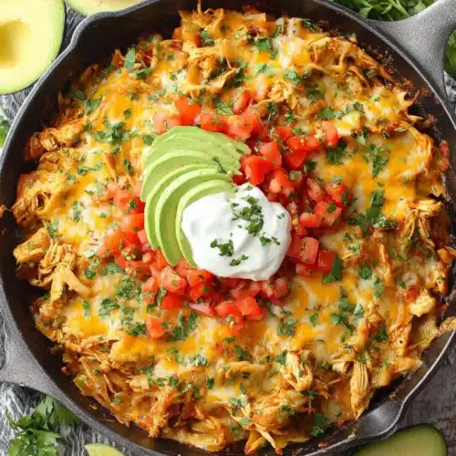 Easy chicken fajita casserole topped with avocado and cheese.