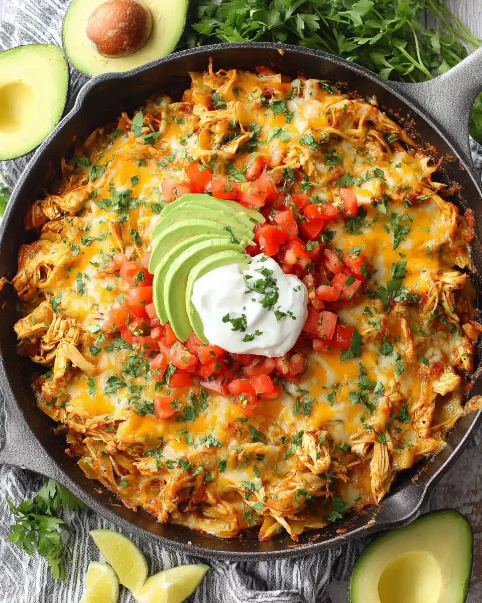Easy chicken fajita casserole topped with avocado and cheese.