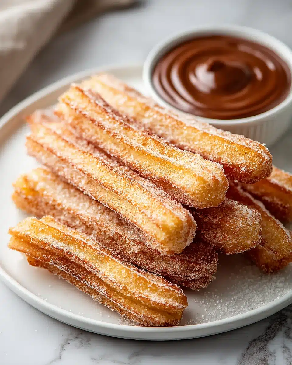 Easy homemade churros stacked on a plate, served with chocolate sauce.