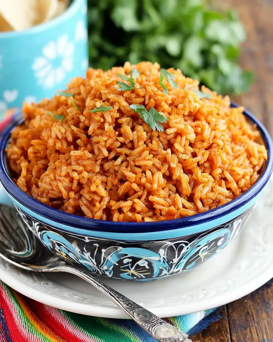 Delicious easy Spanish rice served in a colorful bowl.