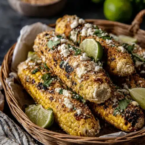 Delicious elote Mexican street corn in a basket.