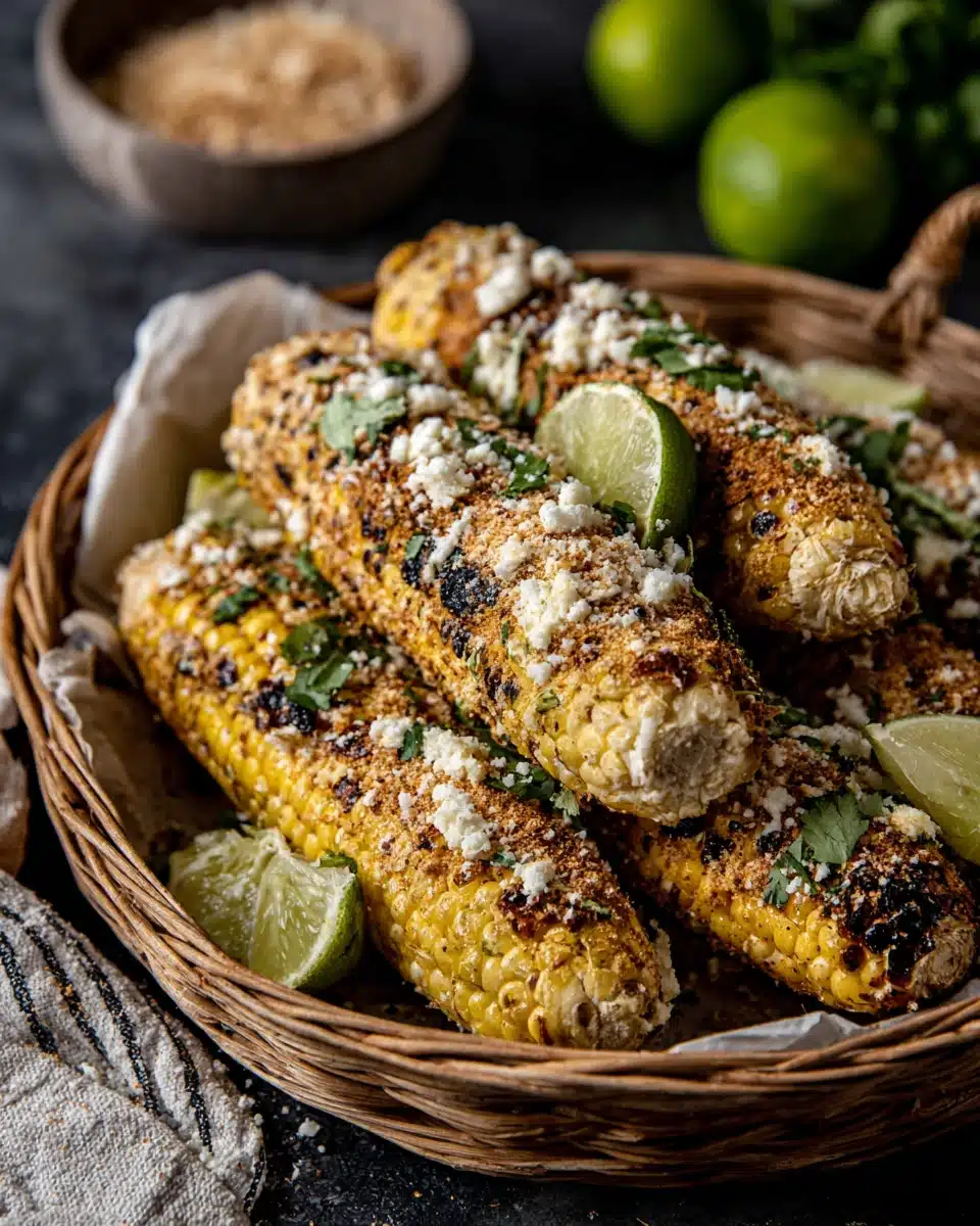 Delicious elote Mexican street corn in a basket.