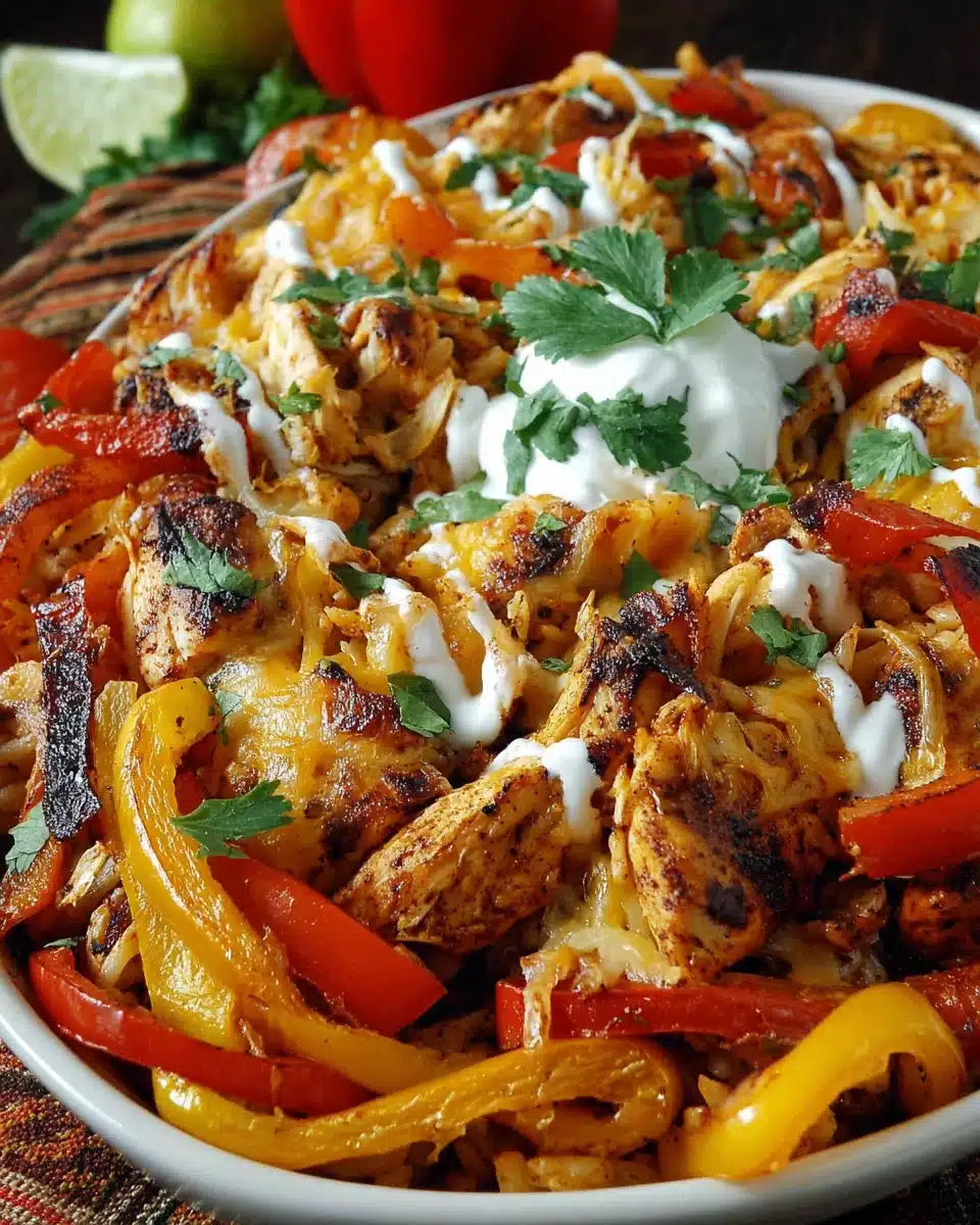 Fajita Chicken Casserole Recipe Fajita chicken casserole with vibrant peppers and creamy topping.