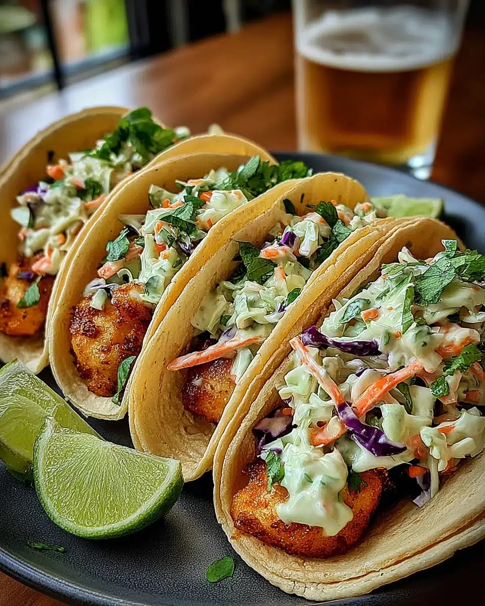 Savory fish tacos with cilantro lime slaw packed in corn tortillas.