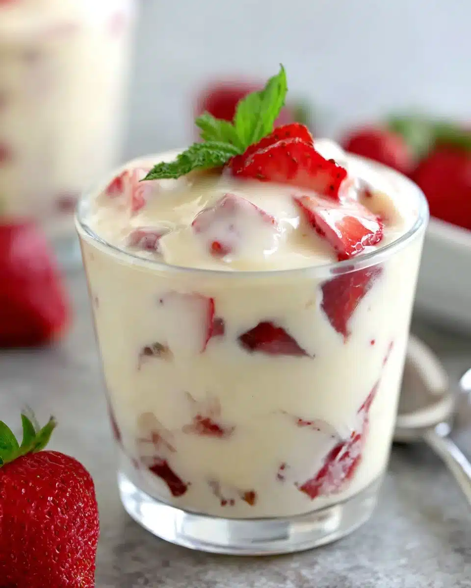 Delicious fresas con crema dessert featuring strawberries and creamy sauce.