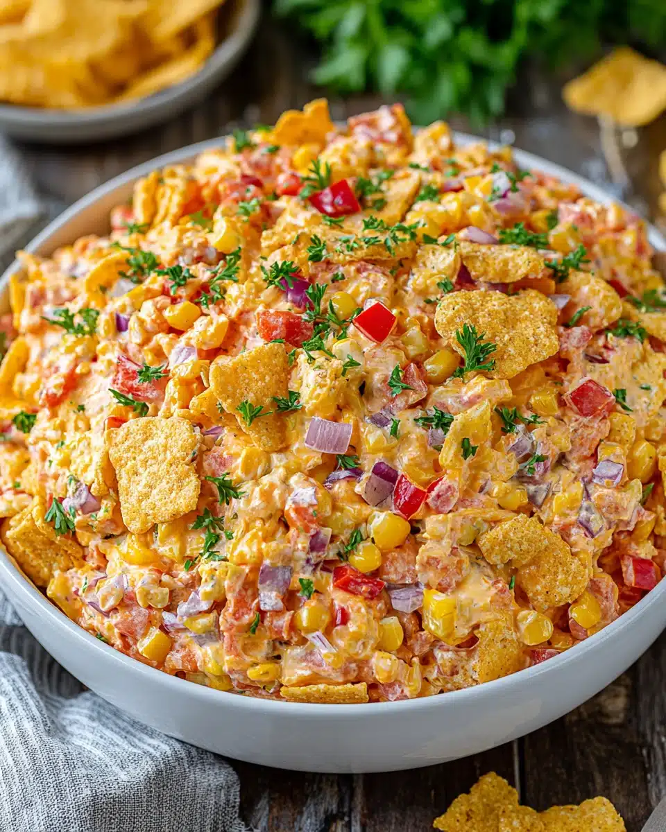 Delicious Fritos Chili Cheese Salad Fritos chili cheese salad with corn, bell peppers, and Fritos.